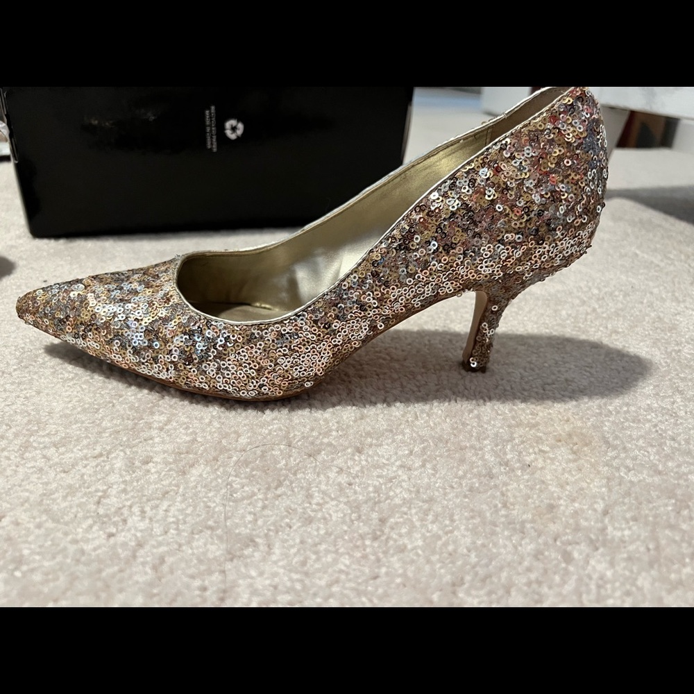 White House Black Market gold sequin heels